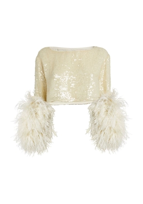 Lapointe Sequinned Feather-Trim Crop Top