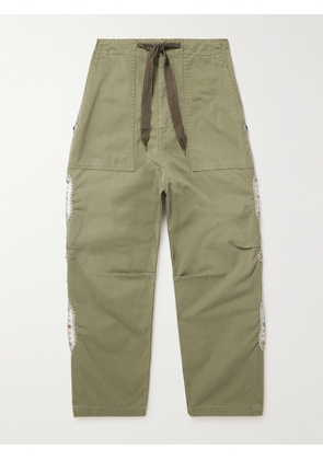 KAPITAL - Easy Baker Straight-Leg Embellished Herringbone Cotton-Twill Drawstring Trousers - Men - Green - 2