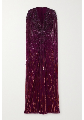 Jenny Packham - Lotus Cape-effect Embellished Sequined Tulle Gown - Burgundy - UK 6,UK 8,UK 10,UK 12,UK 14,UK 16,UK 18,UK 20,UK 22