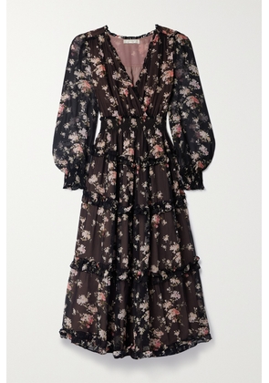 LoveShackFancy - Kailo Wrap-effect Floral-print Silk-chiffon Midi Dress - Black - xx small,x small,small,medium,large