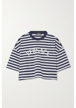 Versace - Cropped Embroidered Striped Cotton-jersey T-shirt - Blue - IT36,IT38,IT40,IT42,IT44,IT46,IT48