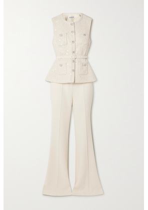 Self-Portrait - Convertible Belted Embellished Metallic Bouclé-tweed And Crepe Jumpsuit - Cream - UK 4,UK 6,UK 8,UK 10,UK 12,UK 14,UK 16