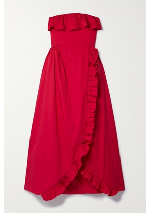 Kika Vargas - + Net Sustain Sylvia Strapless Wrap-effect Ruffled Cotton-blend Poplin Midi Dress - Red - x small,small,medium,large,x large