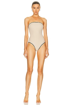 Toteme Stripe Edge Strapless Swimsuit in Light Hay - Cream. Size L (also in XS).