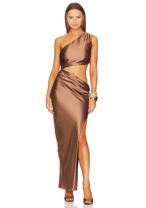 NICHOLAS Raya One Shoulder Asymmetrical Gown in Tan. Size 6.