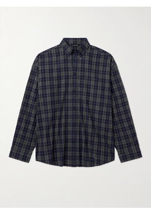 Balenciaga - Oversized Button-Down Collar Logo-Print Checked Cotton-Flannel Shirt - Men - Blue - 1