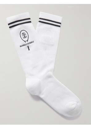 Brunello Cucinelli - Logo-Embroidered Striped Ribbed Cotton-Blend Socks - Men - White - S