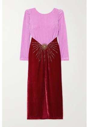 Saloni - Alix Embellished Appliquéd Velvet Midi Dress - Pink - UK 4,UK 6,UK 8,UK 10,UK 12,UK 14,UK 16