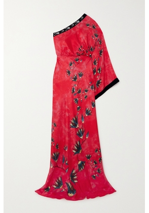 Saloni - Lily One-shoulder Embellished Velvet-trimmed Silk-jacquard Maxi Dress - Red - UK 4,UK 6,UK 8,UK 10,UK 12,UK 14,UK 16