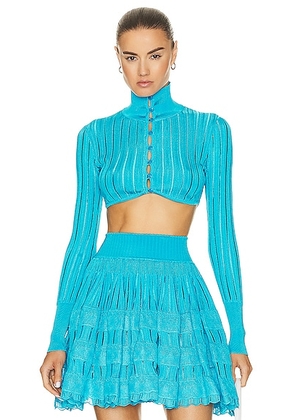 ALAÏA Crinoline Cardigan Top in Turquoise - Teal. Size 36 (also in 38, 44).