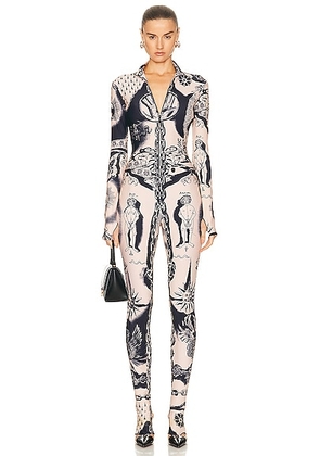 Jean Paul Gaultier Printed Heraldique Long Sleeve High Neck Jumpsuit in Nude & Navy - Nude. Size S (also in XS, XXS).
