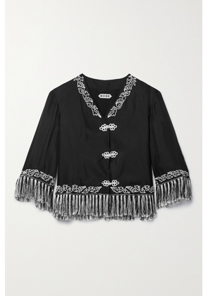 BODE - Grenier Fringed Embroidered Silk-twill Jacket - Black - x small,small,medium,large,x large