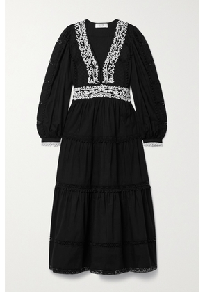 Sea - Cordera Appliquéd Crochet-trimmed Cotton-poplin Midi Dress - Black - xx small,x small,small,medium,large,x large