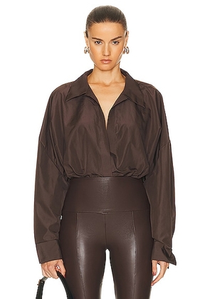 Norma Kamali Super Oversized Boyfriend Shirt Bodysuit in Chocolate - Chocolate. Size M (also in L, S, XL, XS).