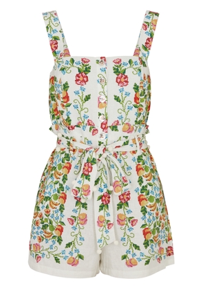 Farm Rio Tropical Romance Printed Playsuit, Dress, Linen Blend - White - L