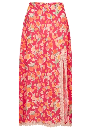 Rixo Sibilla Floral-print Lace-trimmed Midi Skirt - Coral - M