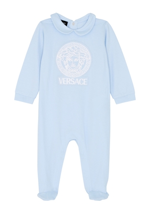 Versace Kids Logo-embroidered Stretch-cotton Babygrow - Blue