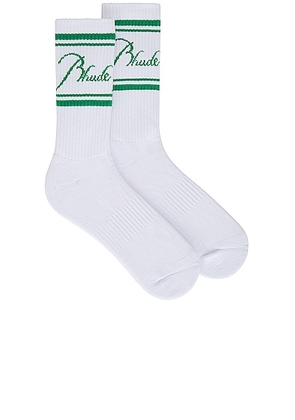 Rhude Script Logo Socks in White & Green - White. Size all.