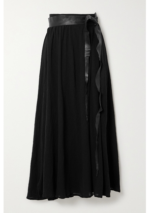 Caravana - + Net Sustain Cholul Leather-trimmed Frayed Wrap-effect Cotton-gauze Midi Skirt - Black - One size