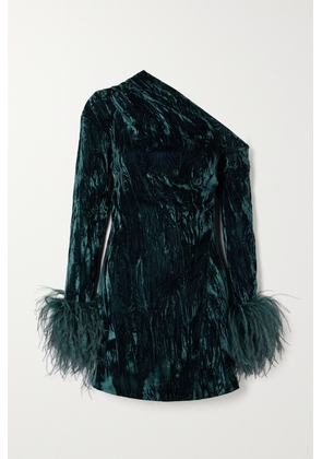 16ARLINGTON - Adelaide One-shoulder Feather-trimmed Crushed-velvet Mini Dress - Blue - UK 4,UK 6,UK 8,UK 10,UK 12,UK 14,UK 16