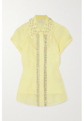 Zimmermann - Matchmaker Crystal-embellished Linen And Silk-blend Shirt - Yellow - 00,0,1,2,3,4