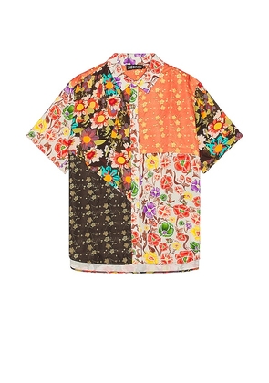 SIEDRES X Fwrd Printed Patchwork Short Sleeve Shirt in Chocolate. Size S.