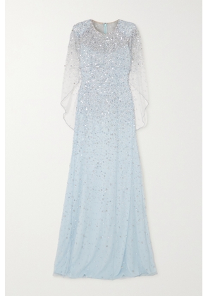 Jenny Packham - Nettie Cape-effect Embellished Tulle Gown - Blue - UK 6,UK 8,UK 10,UK 12,UK 14,UK 16,UK 18,UK 20,UK 22