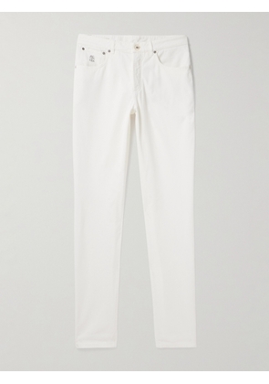 Brunello Cucinelli - Straight-Leg Logo-Embroidered Cotton-Gabardine Trousers - Men - White - IT 46