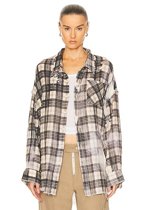 R13 Shredded Seam Drop Neck Shirt in Bleached Black & Beige Plaid - Black. Size L (also in M, S, XS).