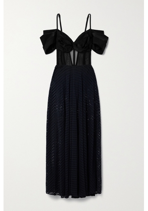 PatBO - Cold-shoulder Satin, Mesh And Crochet Maxi Dress - Black - x small,small,medium,large,x large