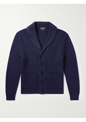 TOM FORD - Shawl-Collar Ribbed Wool and Silk-Blend Cardigan - Men - Blue - IT 44