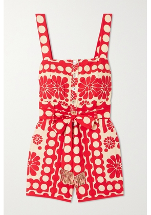 Farm Rio - Palermo Printed Linen-blend Playsuit - Red - xx small,x small,small,medium,large,x large