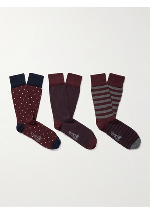 Kingsman - Three-Pack Patterned Cotton-Blend Socks - Men - Burgundy - S