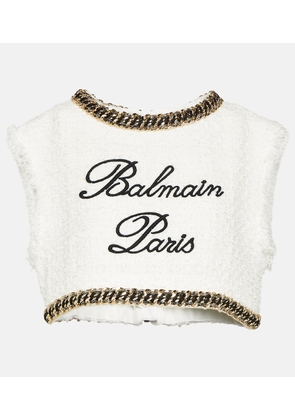 Balmain Logo chain-detail tweed crop top