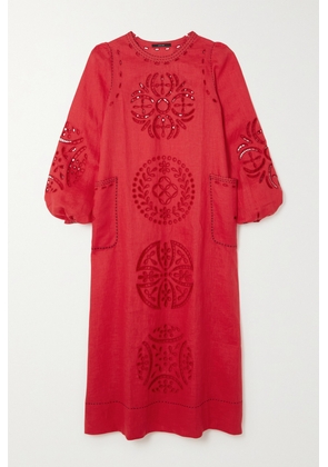 Vita Kin - Bibi Broderie Anglaise Linen Midi Dress - Red - x small,small,medium,large