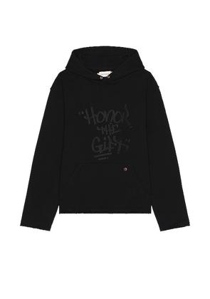 Honor The Gift Script Embroidered Hoodie in Black. Size L, XL/1X.