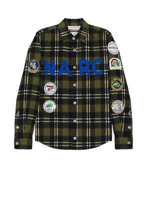 Advisory Board Crystals Narc Flannel Shirt in Green. Size M, S, XL/1X.