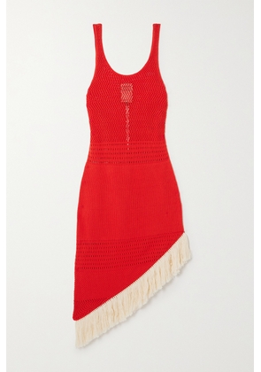 ESCVDO - + Net Sustain Carisa Fringed Asymmetric Cotton Midi Dress - Red - x small,small,medium,large,x large