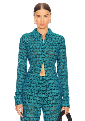 RTA Embroidered Button Up Shirt in Teal. Size M, S, XS.