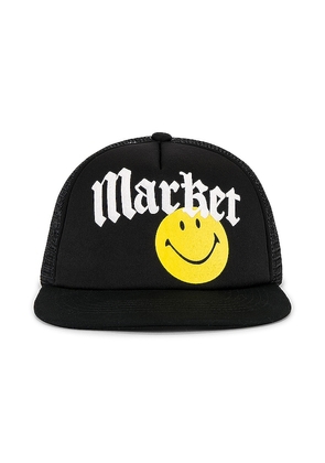 Market Smiley Gothic Trucker Hat in Black.