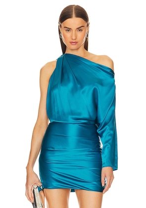 The Sei One Sleeve Drape Top in Blue. Size 2, 4, 8.