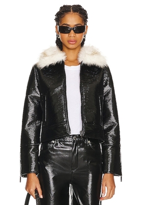 Unreal Fur Wet Look Aviator Jacket in Black. Size M, S, XS.