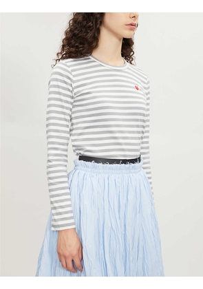 Comme Des Garcons Play Ladies Grey Heart-Embroidered Striped Cotton-Jersey Top, Size: S