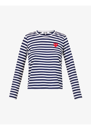 Comme Des Garcons Play Ladies Navy Blue and White Heart-Embroidered Striped Cotton-Jersey Top, Size: XS