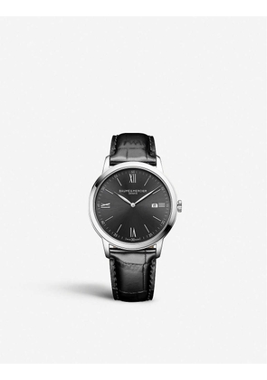 Leather and stainless steel black dial watch