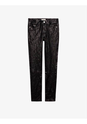 Phlame crinkle-texture slim-leg mid-rise leather trousers