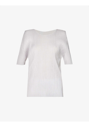Basics round neck pleated woven jersey top