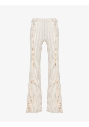 Cut-out flared-leg mid-rise cotton-knitted trousers