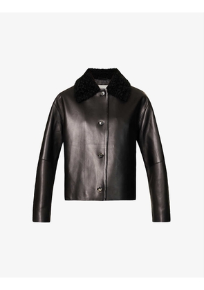 Shearling-trim button-front boxy-fit leather coat