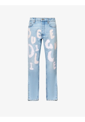 Graphic-print mid-rise tapered-leg jeans
